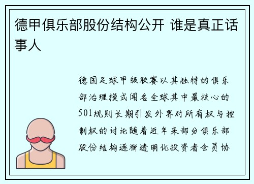 德甲俱乐部股份结构公开 谁是真正话事人