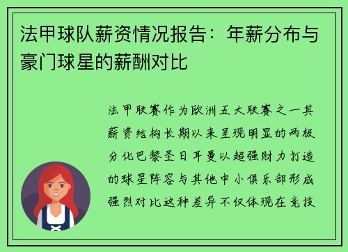 法甲球队薪资情况报告：年薪分布与豪门球星的薪酬对比